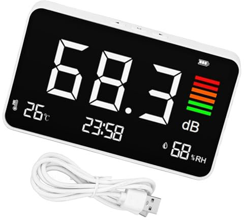 Rechargeable Noise Levels Tester with Time Temperature and Humidity Display Decibel Meter Desktop Sound Levels Meter