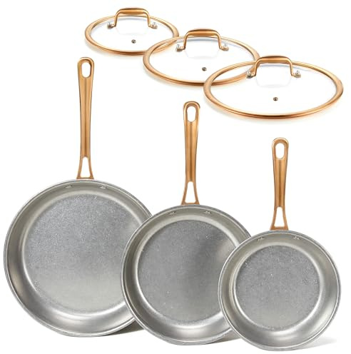 KOKHUB Edelstahl Pfannenset 3-teiliges, 20/24/28 cm Bratpfannen Set Induktion mit Deckel, PFOA/PTFE/PFAS-frei, Retro Unbeschichtete Edelstahlpfanne für alle Herdarten, Backofenfest