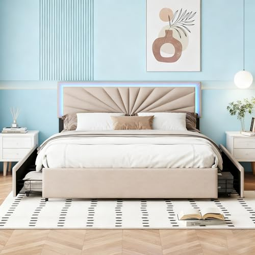 Bett 140x200, Polsterbett mit LED-Beleuchtung,Doppelbett mit 4 Schubladen, Höhenverstellbarem Kopfteil und Robustem Holzgestell,Stilvolles Stauraumbett in elegantem Beige für modernes Schlafzimmer