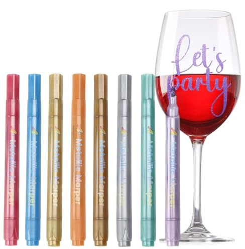 8 Stück Glasmarker für Weingläser – Glasstifte abwaschbar in Orange, Pink, Gold, Silber, Stahl, Grün, Blau & Lila – Ungiftig & Spülmaschinenfest – Glasstift Set für Party, Gläserbeschriftung, Fenster