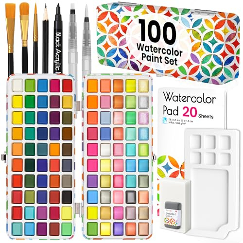 100 Watercolor Paint Set for Adults, Beginners - Travel Art Painting Kit