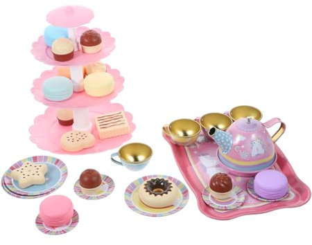 Gatuida 1 Set Tea Set Realistic Pretend Play Tea Party Set for Includes Teapot Teacups Dessert Tower Safe Tin Materials Promotes Social Skills and Imagination
