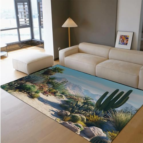 UERWOWELL Desert Landscape Area Rug Tropical Flowers & Plants Cactus Pattern Non Slip Thin Carpets for Living Room Bedroom Yoga Patio 150x200cm
