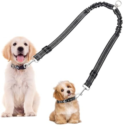 Double Dog Lead, Double Lead for 2 Dogs, Double Dog Lead for Walking 2 Dogs No Tangle, Heavy Duty Adjustable Bungee Reflective Dual Leash, Double Lead for 2 Dogs for Walking Medium Large (Black)