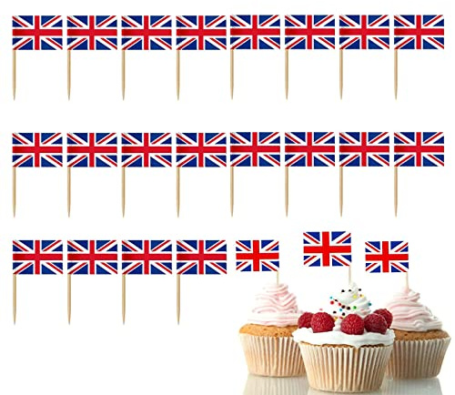 Muiltvoe 100PCS Union Jack Flag Cake Toppers for VJ Day 80th Celebrations Decorations,UK British Toothpicks Cocktail Stick Flags Cupcake Toppers for VJ Day Party VJ Day Tableware Food Decor