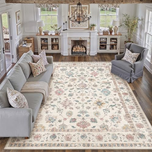 PureCozy Tapis de Salon 200x300cm Chambre Lavable en Machine Grands Tapis Salon Salle de séjour Bureau Moderne Floréal Carpet Poil Court Antidérapant Tapis, Multicolore
