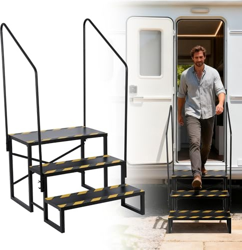 petour Escabeau à 3 marches robuste avec main courante, escabeau antidérapant pour caravane de voyage, camping-car, jacuzzi et spa de piscine