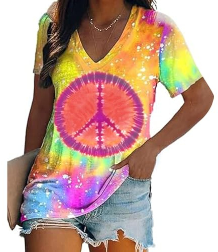 QIXYN Women Hippie Shirt 60s 70s Peace Love Tie Dye Tshirt Hippie Style Top | Hippie Clothes for Women,70s Outfits for Women,Tie Dye Shirt,Peace Sign Shirt,Music Festival Ready,Multicolor Tie Dye
