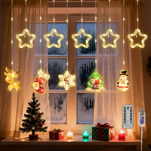 Woukksy Cortina de Luces LED 3M, Decoración Navideña con Temporizador y 8 Modos, Alimentación por USB/Pilas para Interior y Exterior, Blanco Cálido - Decoración para Ventana, Balcón, Fiestas, Navidad