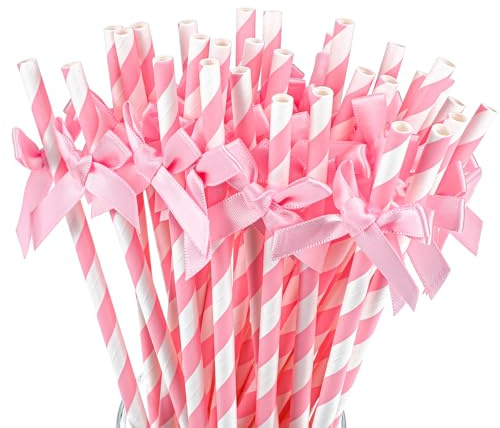 30Pcs Pink Paper Straws for Drinking, Cute Pink Bow Party Straws Bulk for Juice Coffee Tea Cocktail Milkshake