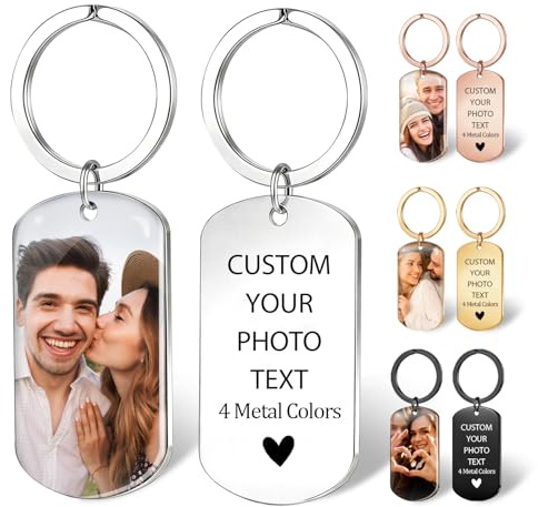 Porte clef personnalisable Double Face avec Photo et Texte Gravé, Porte clé personnalisé en Acier Inoxydable - Cadeau Unique pour Homme, Femme & Couple (Saint-Valentin/Anniversaire)