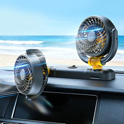 PLLYPE Auto-Ventilator 12V, 360-Grad-Drehung, 2 Geschwindigkeiten starker Wind, einsetzbar im Zigarettenanzünder für LKW, SUV, Wohnmobil (Doppelkopf)