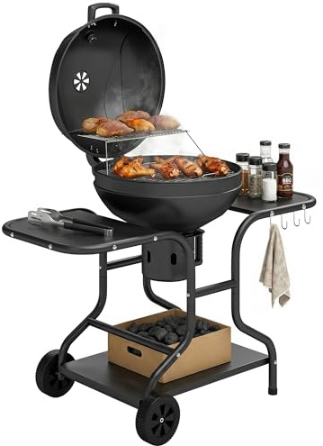 Outsunny Barbacoa de carbón redonda con tapa Barbacoa redonda exterior con termómetro, mesas laterales, estante inferior, ruedas para jardín, terraza, negro