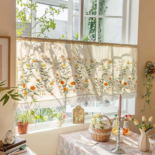 Devola Scheibengardine Blumen Stickerei Kurzgardine Leinen HxB65x100cm Gelb | Landhausstil Bistrogardine Blickdicht, Vintage Gardine Frühling, Küche Fenstergardinen mit Häkelspitze 1 Stück