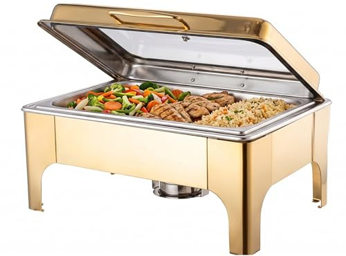Chafing Dishes for Buffet,Roll Top 9L Stainless Steel Chafers and Buffet Warmers Sets with Glass Lid for Parties Weddings Catering Events Dinners (gold)