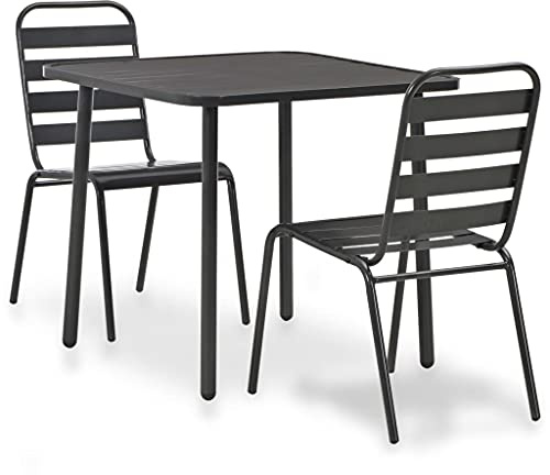 YunCangg 3-TLG. Bistro-set av stål, mörkgrå med bord, 80 x 80 x 72 cm och 2 stapelbara stolar för trädgård, terrass, balkong, väderbeständig, utrymmesbesparande, perfekt för utomhus, lounge och