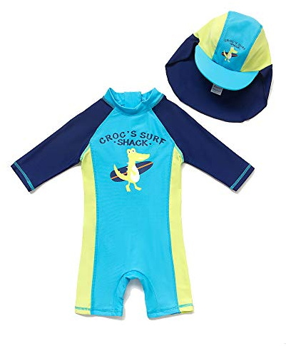 BONVERANO Bañador Recién Nacido Manga Corta Protección UV 50+ con Gorro(Azul-Dinosaurios,24-36meses