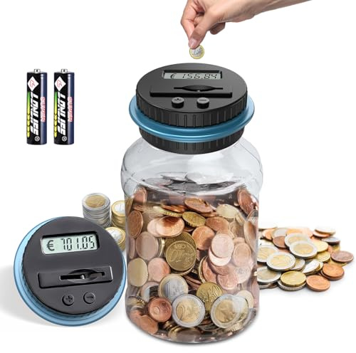 Digitale Spardose mit Zähler, 1.8L Groß, LCD Display für Kinder, Erwachsene | Elektronisch Sparschwein, Transparente Münzzähler Automatisch, Euro Spardose, Weihnachtsgeschenke für Kinder (Blau)