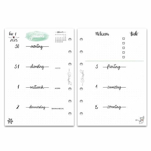SinnWunder® Kalendereinlage 2025 Größe ECHTES Din A6– 1 Woche auf 2 Seiten – Für 6-Ringplaner - LetteringSinn