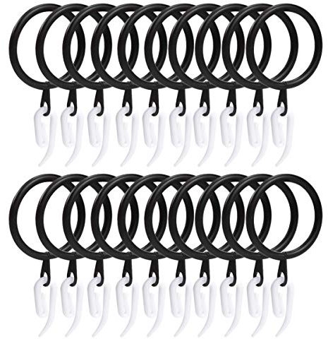 20pcs Anillas para Cortinas de Metal y 60pcs Ganchos de Cortina de Plástico Blanco, Anillas Colgante para Colgar Cortinas y Varillas, 30 mm de Diámetro (Negro)