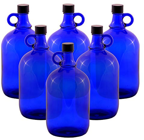 LGL Haushaltswaren Lot de 6 bouteilles en verre de 2 l - Bleu - Ballon de fermentation - Bouteille à anse - 2 l