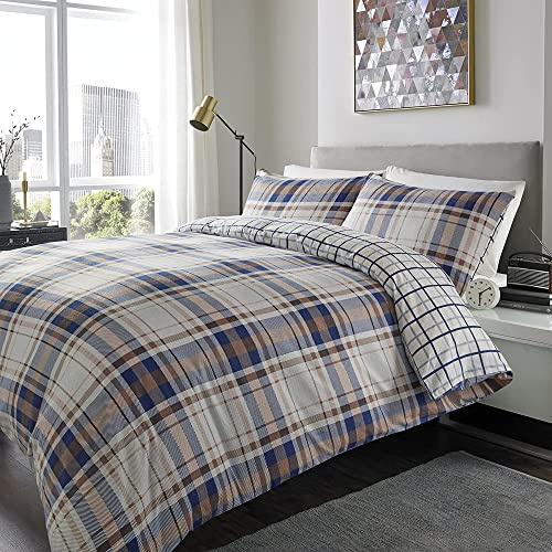 ED Flannelette Printed Duvet Cover Set | 100% Brushed Cotton Flannel Fleece | Reversible Bedding Quilt With Pillowcases (Blue & Plum Tartan Check, Double)