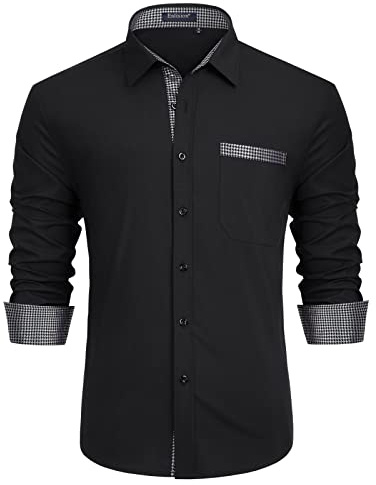 Enlision Herrskjorta för bröllop, långärmad, normal passform, skjortor, business casual, formell, kontrastskjorta med ficka, svart, XXL