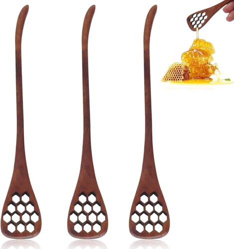 3Pcs Wood Honey Dipper Sticks, Cute Honey Spoon Small Wooden Syrup Dippers Honey Mixing Stirrer with Hole for Mixing Drizzling(Brown)
