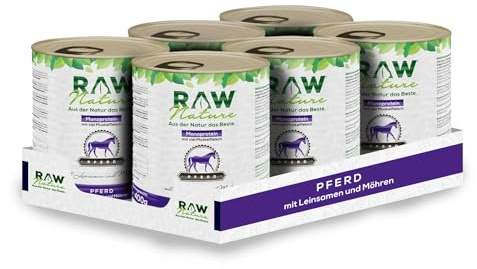 RAW Nature Pferd Pur Hunde-Nassfutter – 6 x 800 g, Leinsamen, Monoprotein | Getreidefreies Alleinfuttermittel für Hunde mit Pferd als einziger tierischer Proteinquelle, viel Fleisch und Leinsamen.