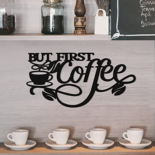 SEGNAYEN But First Coffee Sign, Black Metal Wall Art Decor, Hanging Bar Sign with Cup and Beans, 35x18cm Signs Kitchen Decoration for Home Station Shop Corner Accessories