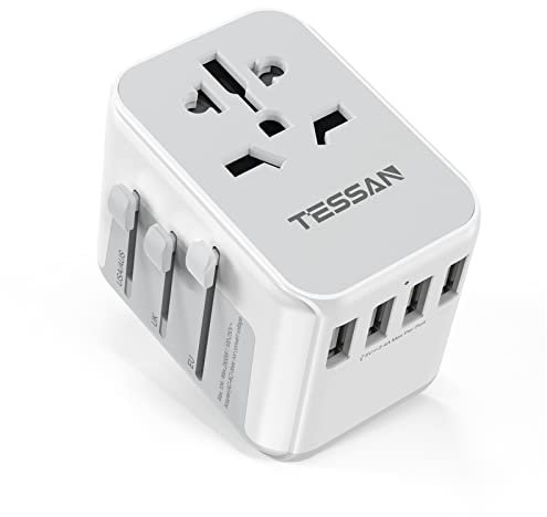 TESSAN Universal Travel Adapter Worldwide with 4 USB, International Travel Adapter UK to European Power Universal Plug Adaptor for EU USA Australia Thailand (Type C, G, A, I),Grey White