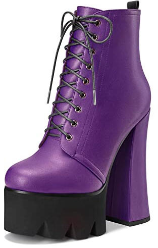 HDEUOLM Femmes Bloc Chunky Haut High Plate-forme Talon Heel Rond Bout Bottines Lacets Fermeture à Glissière Classique Chaussures Violet A 36 EU