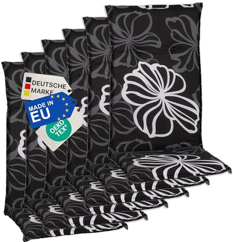 NYVI Gartenstuhl Auflagen Hochlehner 6er Set Barcelona - UV-Beständig, Atmungsaktiv, Strapazierfähig - Hochlehnerauflagen Sitzkissen Outdoor - Sitzauflagen für Gartenstühle 118x50cm Black Flower