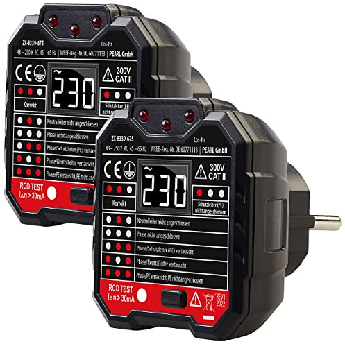 revolt Steckdosen-Prüfer: 2er-Set Steckdosentester, LCD-Display, RCD-Test, LED-Anzeige, 48-250 V (multifunktionaler Steckdosentester, Steckdosenprüfgerät, Kabeltester)