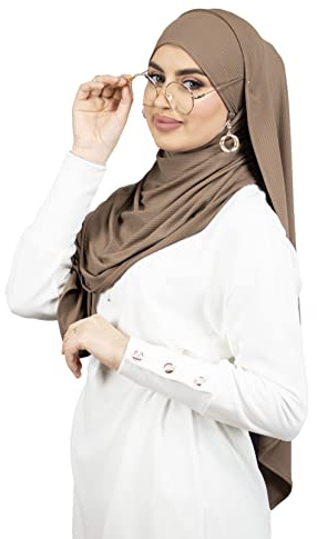 Hijab à enfiler à nouer avec ouvertures pour lunettes/écouteurs pour femme musulmane voilée HE510 (Marron)