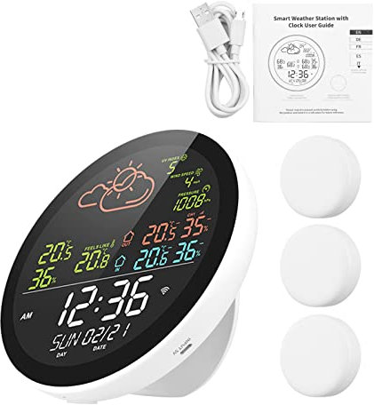 Weytoll Station météo intelligente avec horloge température et humidité mètre multifonctionnel grand écran couleur horloge météo Temp. & Jauge d'humidité avec 3 capteurs