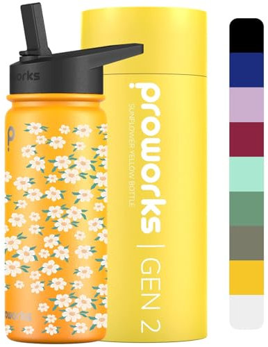 Proworks Gen 2 Bouteille D'eau Isotherme Avec Paille 1L 24 Heures Froid 12 Heures Boissons Chaudes Acier Inoxydable Gym - Jaune Tournesol - Petites fleurs