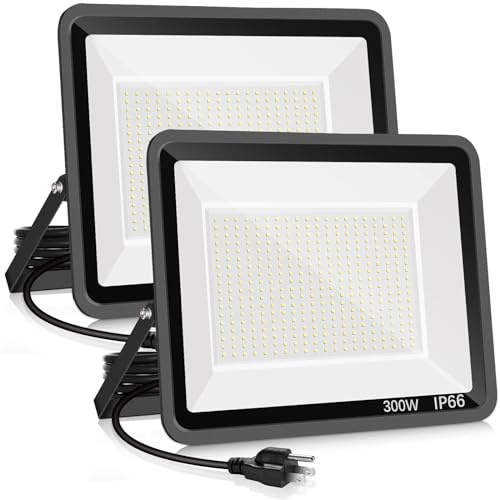 YANYCN 2 Pack 300W LED Flood Light Outdoor,2000W Equivalent 43500LM 5000K Daylight White Super Bright FloodLight with Plug,IP66 Waterproof Commercial Lighting for Sports Fields,Counts,Arena,Stadium