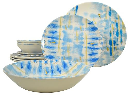 Tudor Royal 12-Piece Round Porcelain Dinnerware Set, Service for 4 - Ocean Blue Design, Plates Bowls Dishes, Premium Quality Tableware, Unique Pattern, Glossy