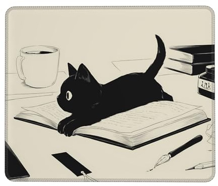 Otrelonm Mauspad mit schwarzer Katze, niedlich, lustig, quadratisch, rutschfest, Gummi, Kawaii-Mauspad mit genähten Kanten, für Computer und Laptop, niedliches Schreibtischzubehör, Bürodekoration,