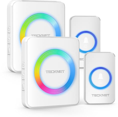 TECKNET Funkklingel mit 2 Plug-In-Empfänger und 2 Sendern | 400 m Reichweite, IP65 wasserdicht, RGB-Blitz, 5 Tonstufen & 60 Verschidene klngeltone, 3 Klingelmodi, für Häuser, Wohnungen