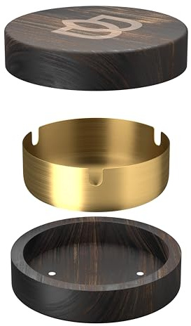 Bloomint Akazienholz Edelstahl Aschenbecher für draussen, 3-teiliger Holz Aschenbecher mit Deckel, Windaschenbecher geruchsdicht (Gold)