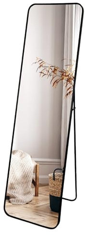 EXYGLO Espejo de Pie Cuerpo Entero 140x40 cm, Espejo de Pared Cuerpo Entero Negro con Marco de Aluminio, Apto para Colgar o Apoyar en el Suelo en Baños, Entradas, Pasillos o Dormitorios.