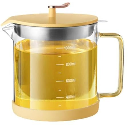 Ölsieb, Fettkanne mit Filter, 1 l, transparenter Glas-Ölfiltertopf mit Skala, Küchenölabscheider und Aufbewahrungsbehälter mit feinmaschigem Sieb, Fettbehälter (gelb)