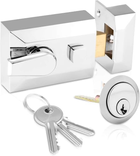 Standard Deadlocking Night Latch 60mm, Complete with Rim Cylinder and 3 Keys, Elegant Satin Chrome Nightlatch, External Door Lock for Front Door (Satin Chrome, 60mm)