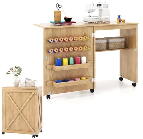 LIFEZEAL Mobile per Macchina da Cucire, Tavolo Macchina da Cucire, Armadietto Cucito, Salvaspazio, Moderno, 5 Ruote, 2 Mensole, 18 Ganci per Filo, 1 Ripiano, Pieghevole, 116x40x76cm, Legno, Naturale