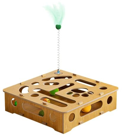 Puzzle in Legno per Gatti con Labirinto di Dolcetti, Piume e Palline - Giocattolo Interattivo Primaverile con Campanelli per l'Agilità
