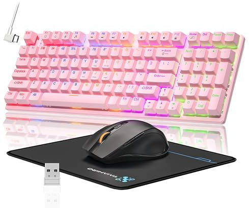 Tastiera e mouse da gioco meccanici wireless, 98 tasti RGB retroilluminato blu, mouse ergonomico e tappetino per mouse wireless, 3 modalità USB-C/2.4G/BT5.0, anti-ghosting completo per PC laptop gamer
