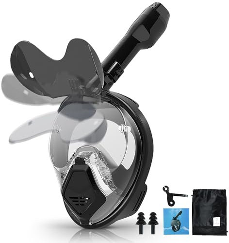 Xyuee Devilfish snorkelmask för hela ansiktet vuxna svart M, torr toppsystem, snorklingsutrustning med hopfällbara solglasögon, 180 graders panoramautsikt snorkelset, dyk-masker anti-läckage och