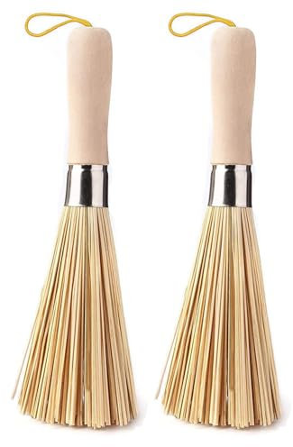 2Pack Traditional Natural Bamboo Wok Brushes, Kitchen Cleaning Brush, Bamboo Kitchen pan Brush, for Cleaning Dishes, Cast Iron Pots, Pans, Vegetables and Sink,Vegetable Brush